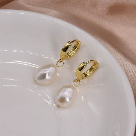 Gold Huggie Hoops with Baroque Pearl Drops